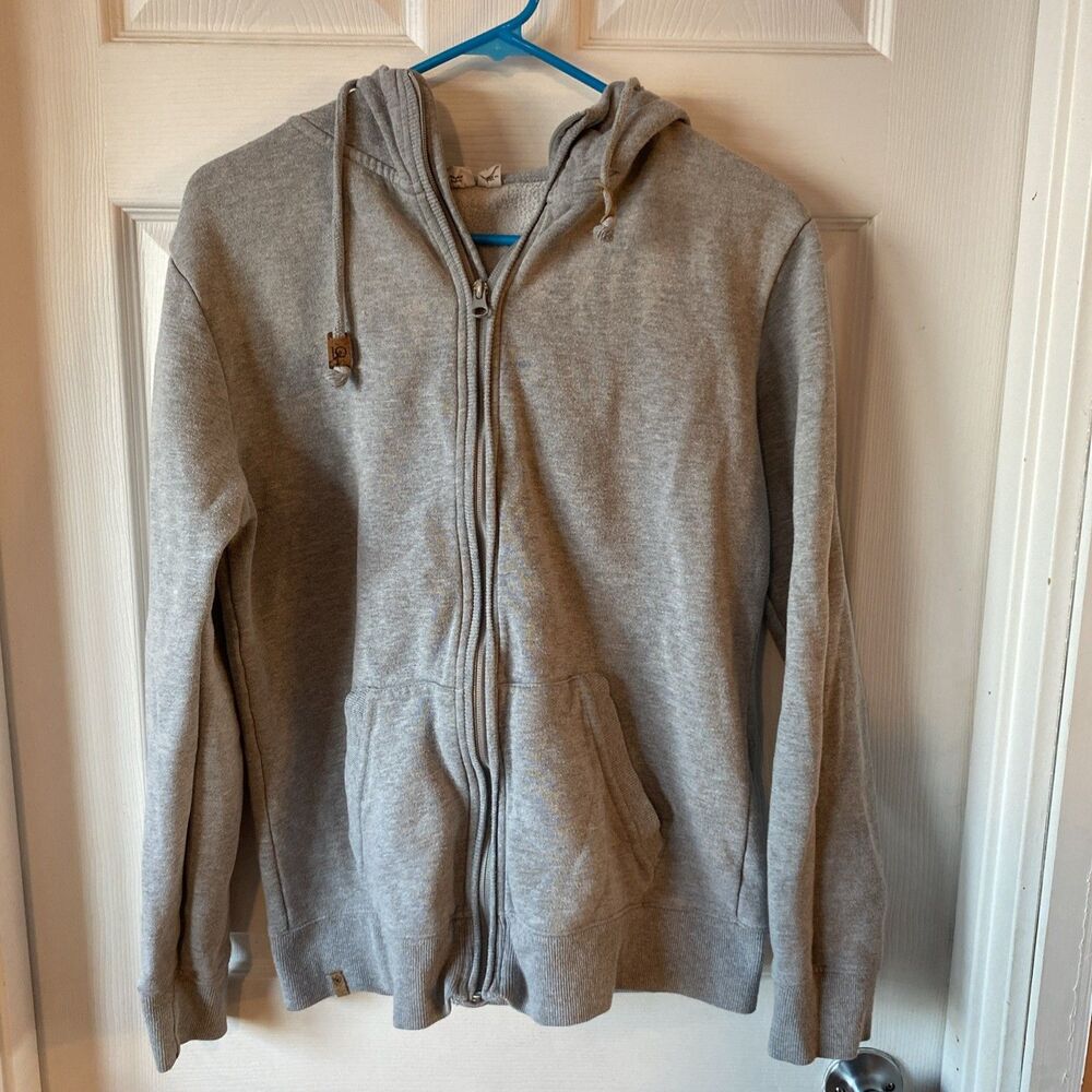 IO Hoodie Women’s Size Small Grey Organic Cotton Full Zip Pockets Fleece Lined